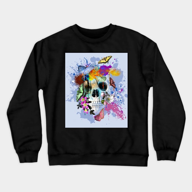 Skull Flowers And Butterfly, Rainbow Butterflies Crewneck Sweatshirt by Random Galaxy